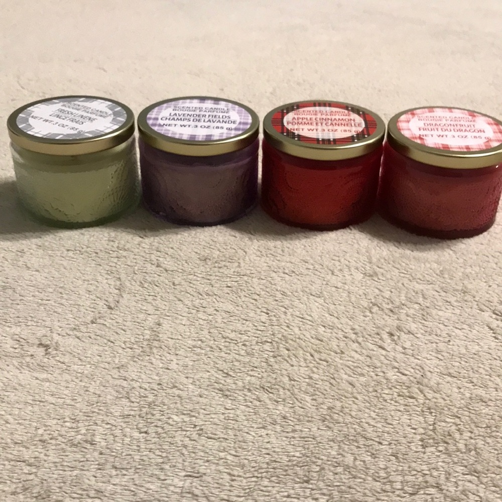 Set of 4 Scented Jar Candles - Green, Purple, Red, Red